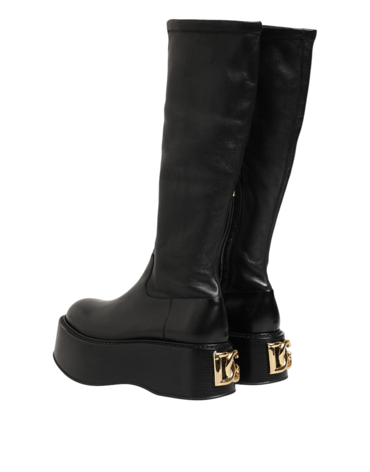 Dolce &amp; Gabbana Black Logo Plaque Over the Calf Boots Shoes
