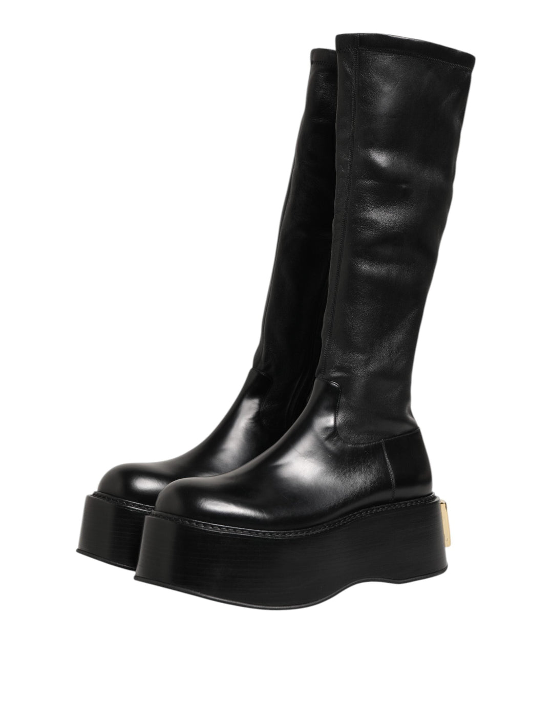 Dolce &amp; Gabbana Black Logo Plaque Over the Calf Boots Shoes