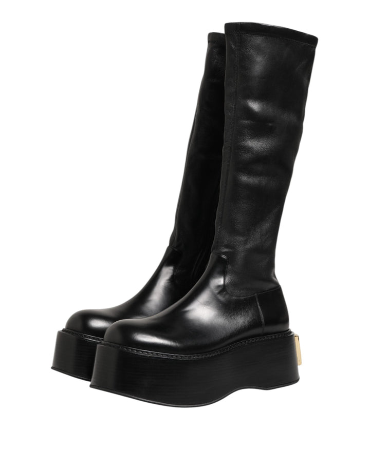 Dolce &amp; Gabbana Black Logo Plaque Over the Calf Boots Shoes