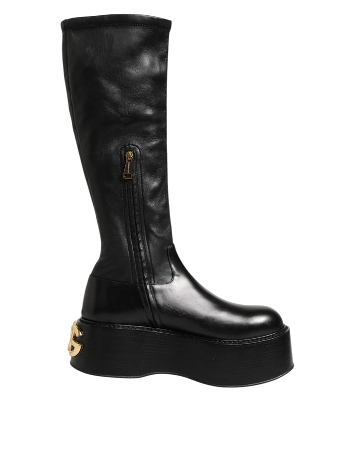 Dolce &amp; Gabbana Black Logo Plaque Over the Calf Boots Shoes