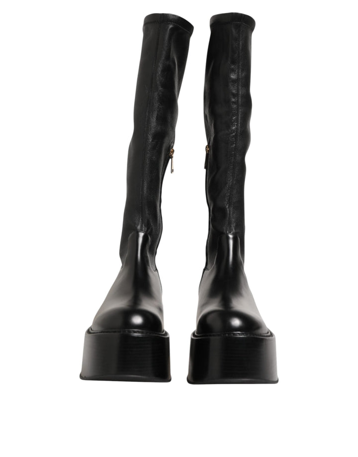 Dolce &amp; Gabbana Black Logo Plaque Over the Calf Boots Shoes