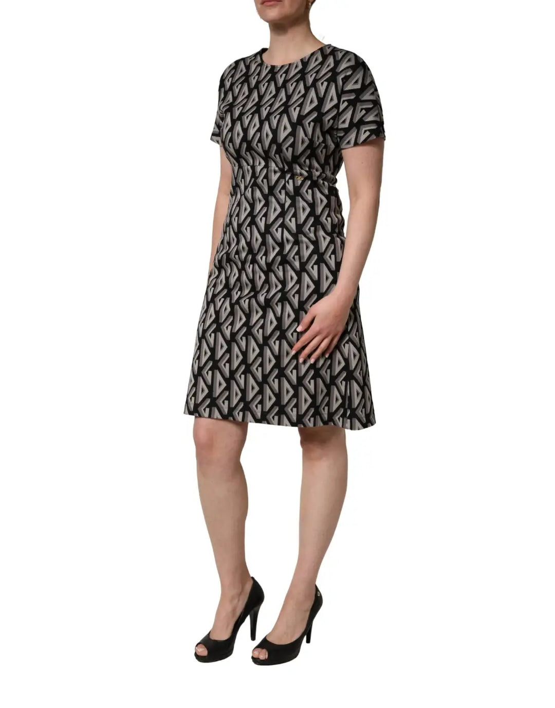 Dolce &amp; Gabbana Black Logo Print Cotton Knee Length Dress