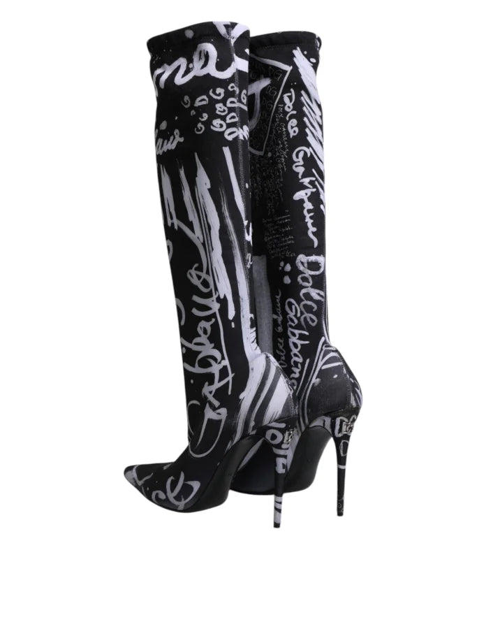 Dolce &amp; Gabbana Black Logo Stretch Heels High Boots Shoes
