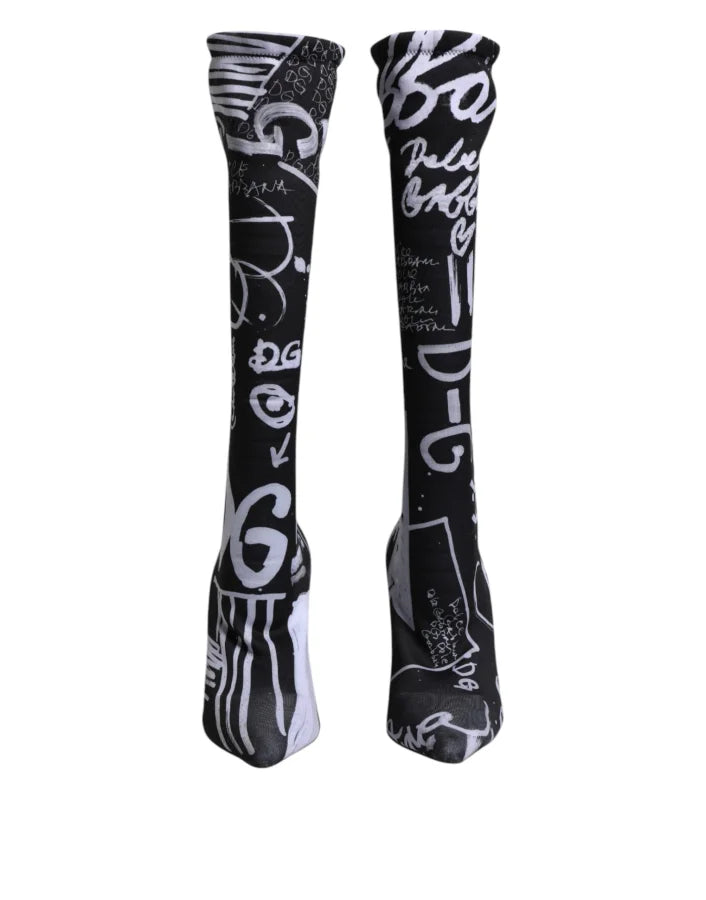 Dolce &amp; Gabbana Black Logo Stretch Heels High Boots Shoes