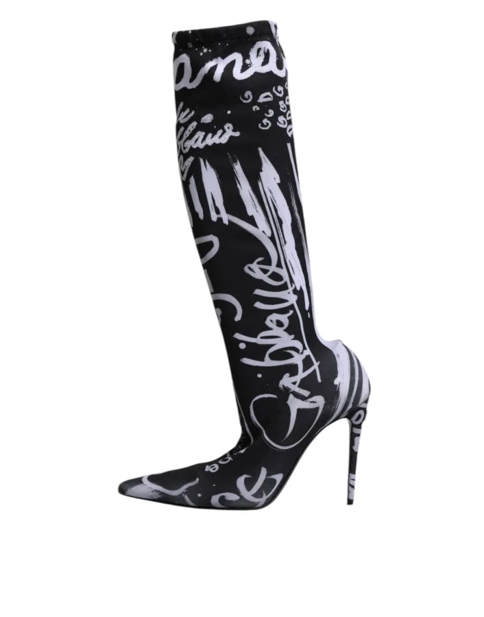 Dolce &amp; Gabbana Black Logo Stretch Heels High Boots Shoes