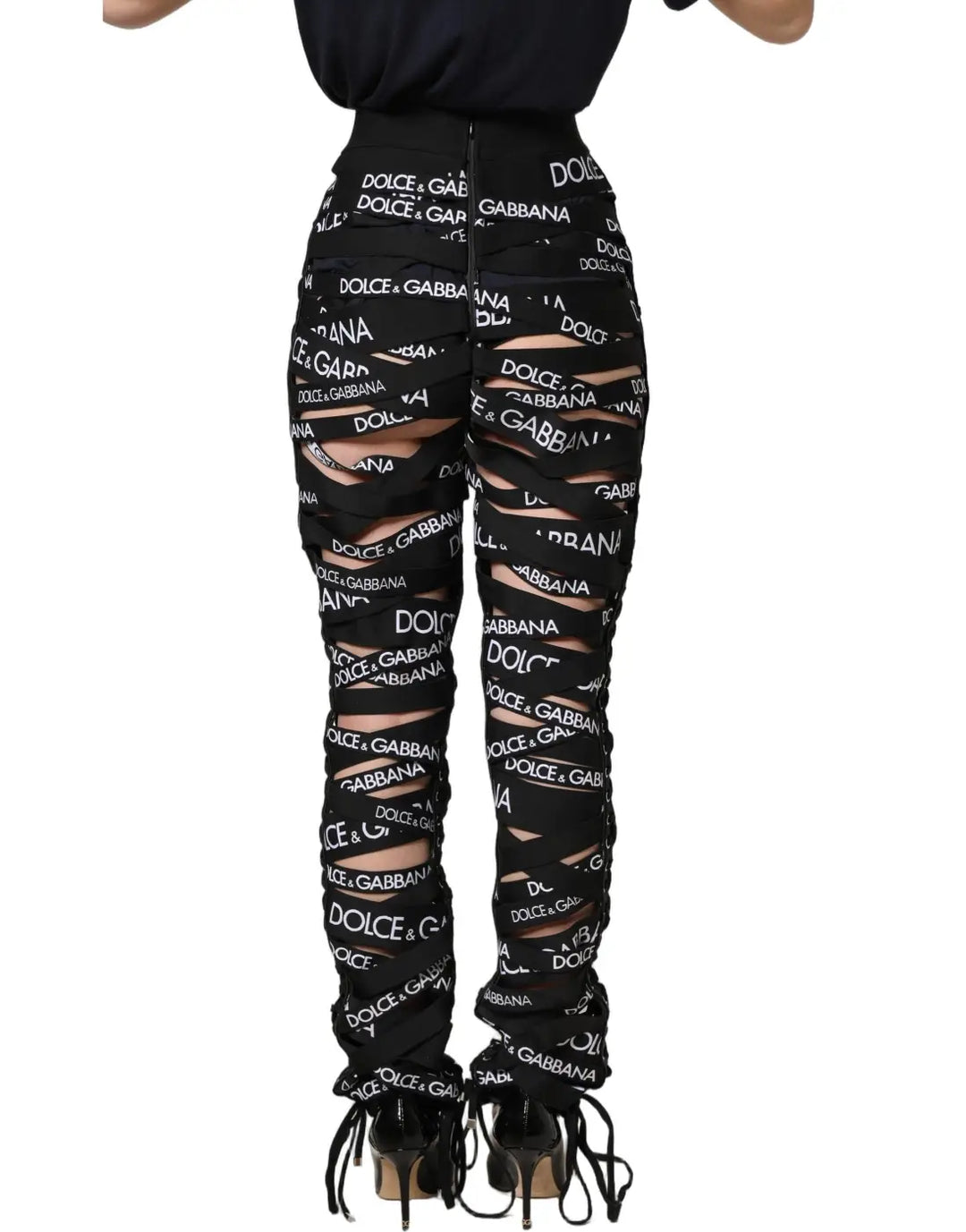 Dolce &amp; Gabbana Black Logo Tape Cut Out Skinny High Waist Pants