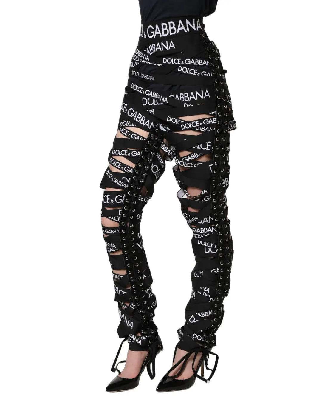 Dolce &amp; Gabbana Black Logo Tape Cut Out Skinny High Waist Pants