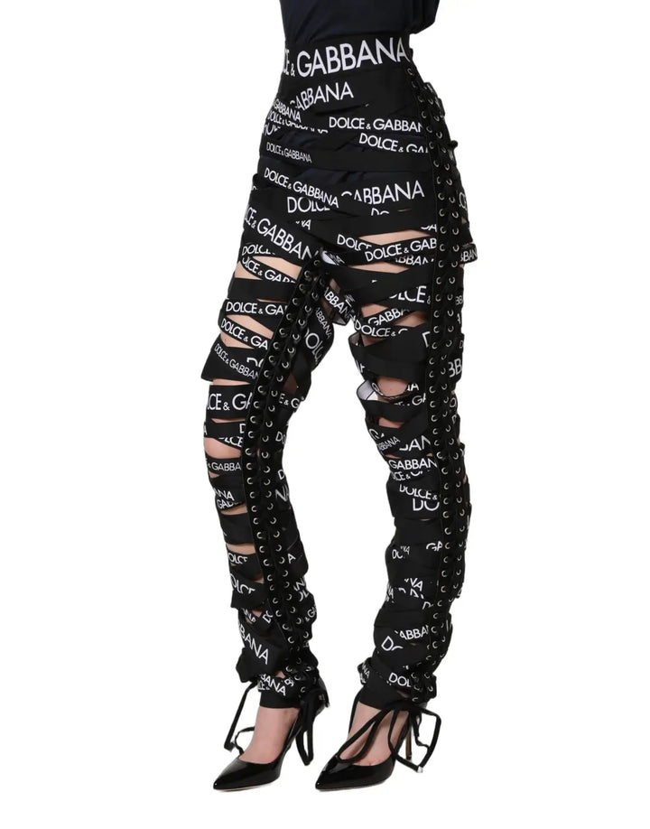Dolce &amp; Gabbana Black Logo Tape Cut Out Skinny High Waist Pants