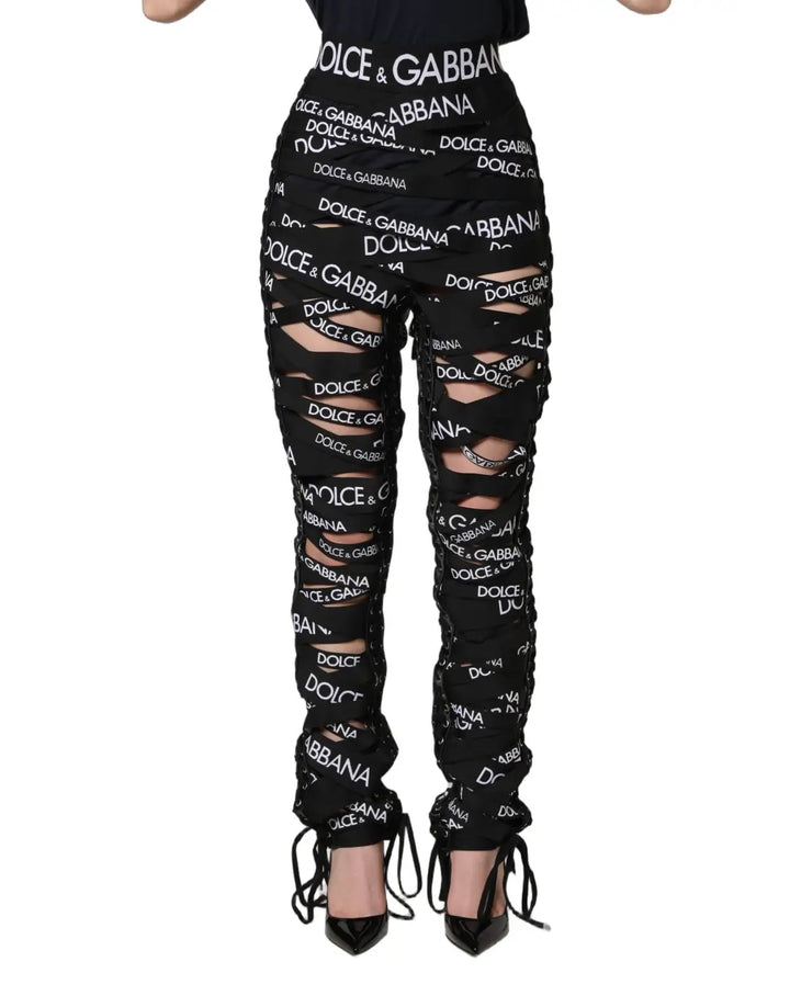 Dolce &amp; Gabbana Black Logo Tape Cut Out Skinny High Waist Pants