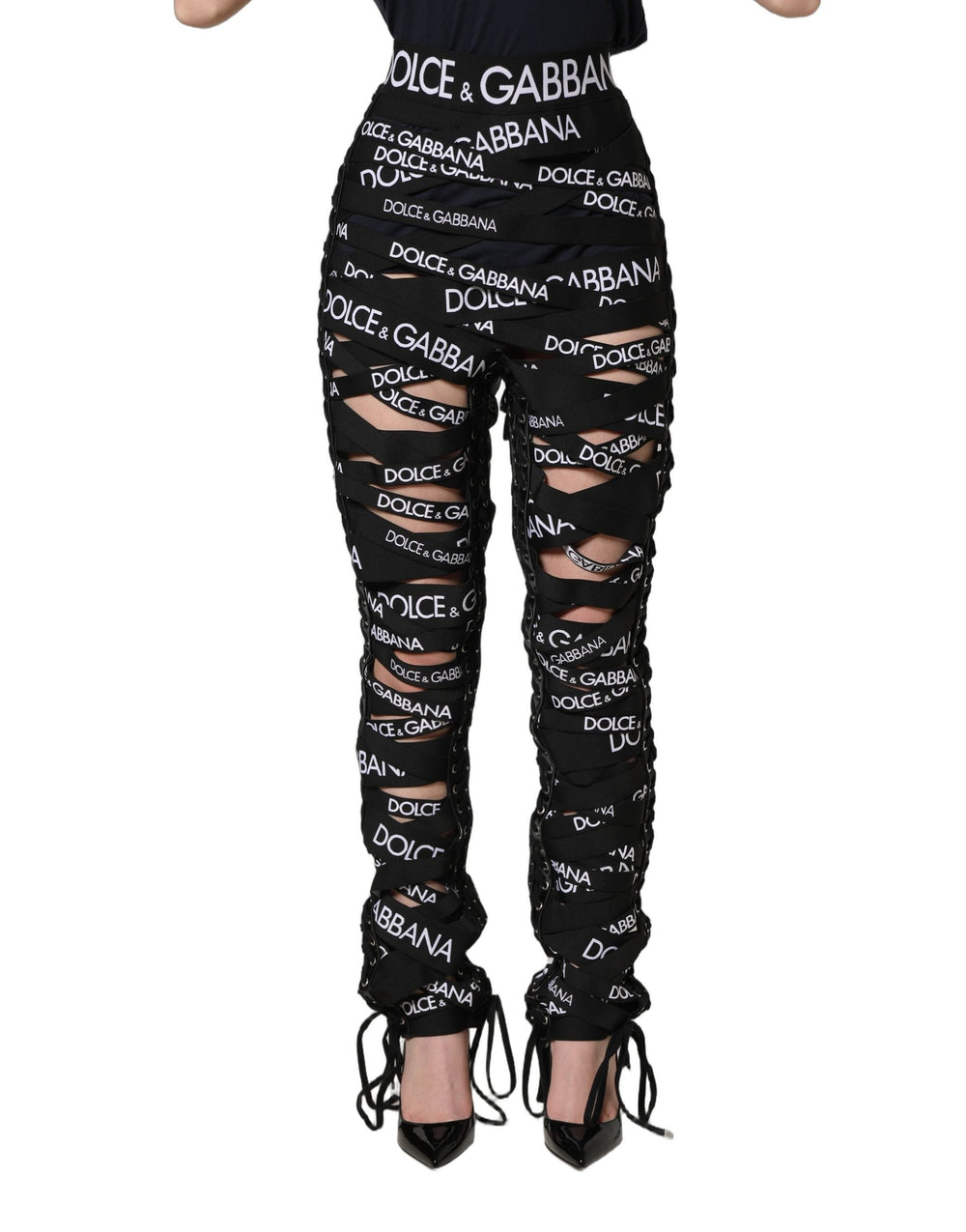 Dolce & Gabbana Black Logo Tape Cut out Skinny High Waist Pants
