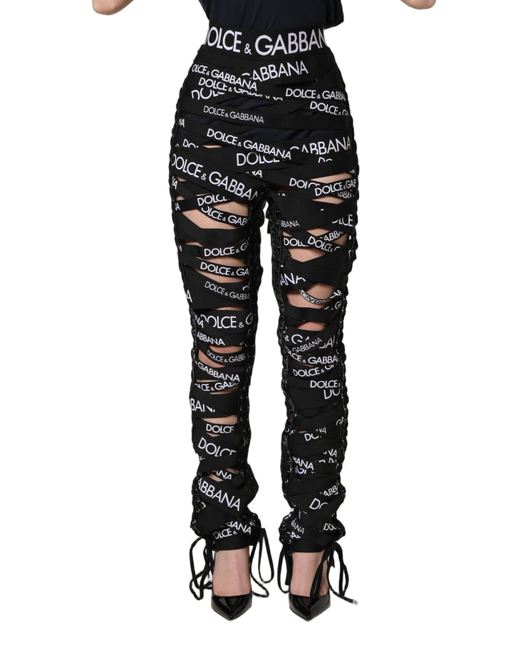 Dolce &amp; Gabbana Black Logo Tape Cut out Skinny High Waist Pants