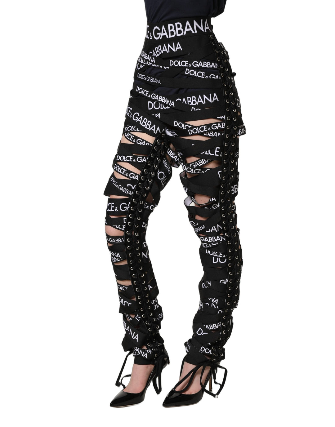 Dolce &amp; Gabbana Black Logo Tape Cut out Skinny High Waist Pants