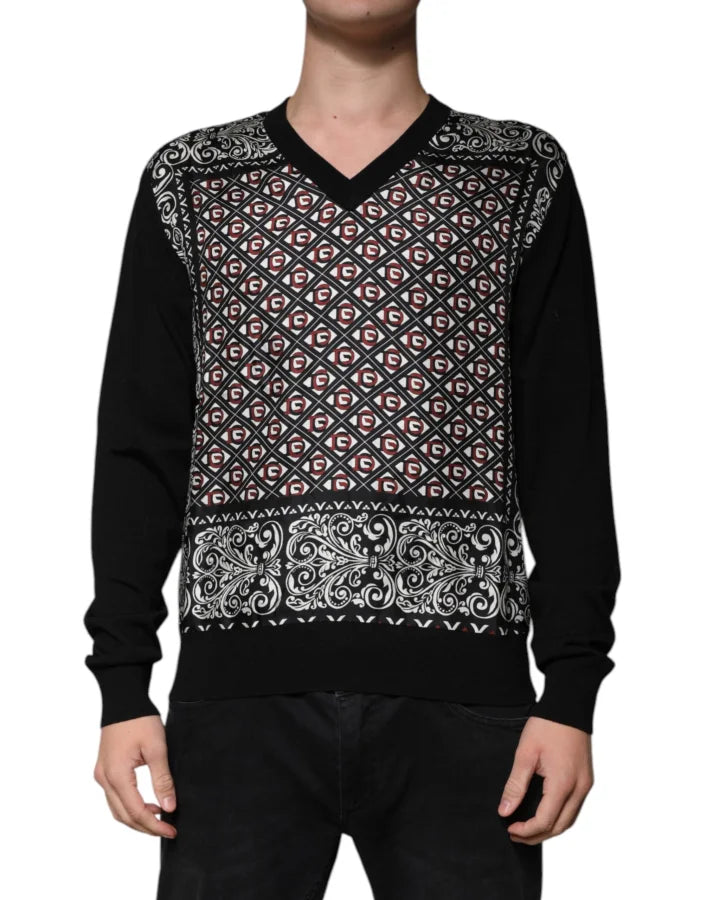 Dolce &amp; Gabbana Black Logo Wool V-neck Pullover Sweater