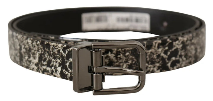 Dolce &amp; Gabbana Black Marble Print Leather Gray Logo Belt