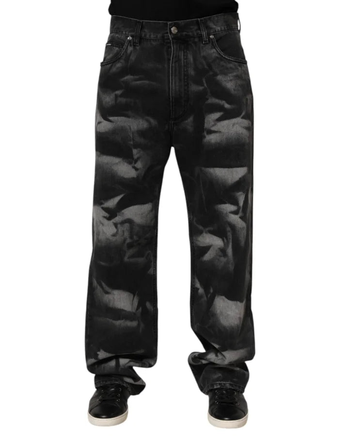 Dolce &amp; Gabbana Black Marbled Effect Straight Men Denim Jeans