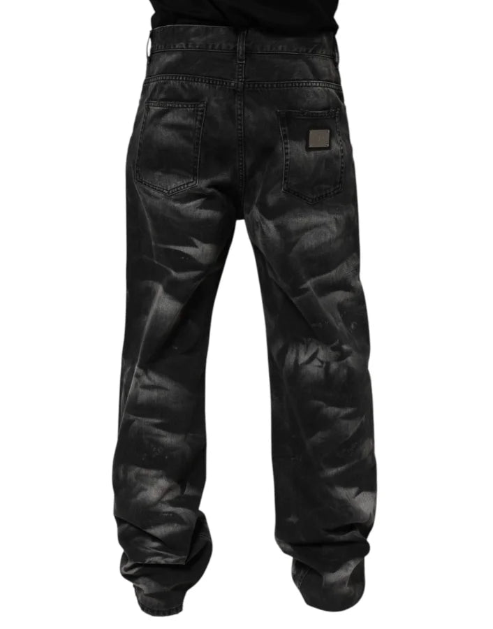 Dolce &amp; Gabbana Black Marbled Effect Straight Men Denim Jeans