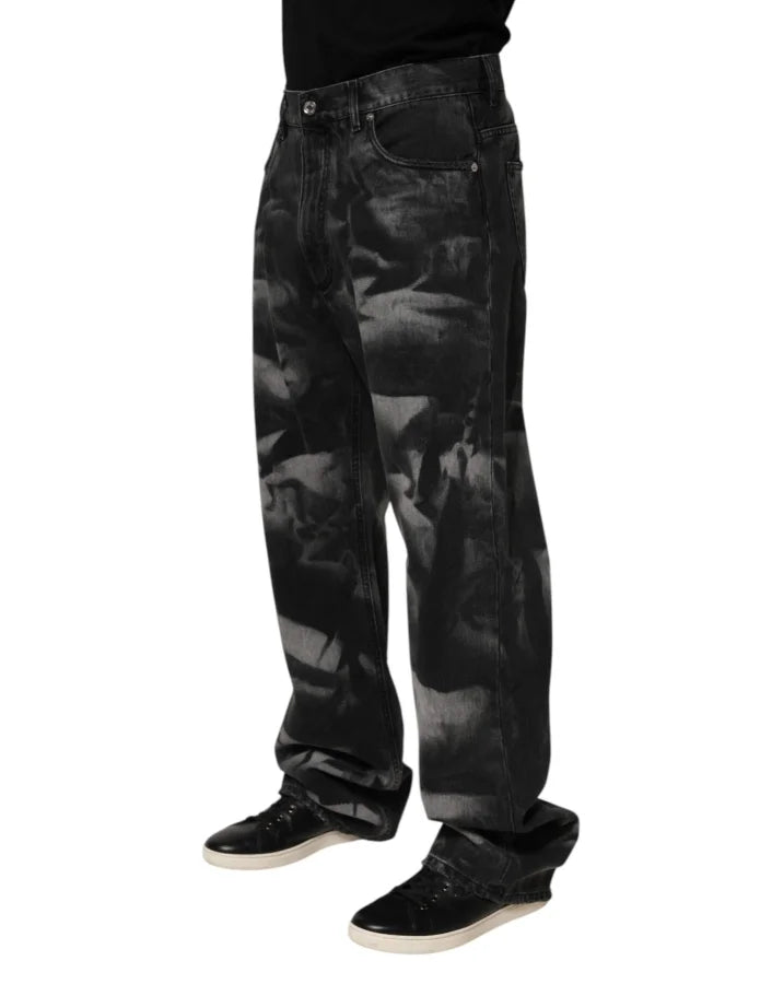 Dolce &amp; Gabbana Black Marbled Effect Straight Men Denim Jeans