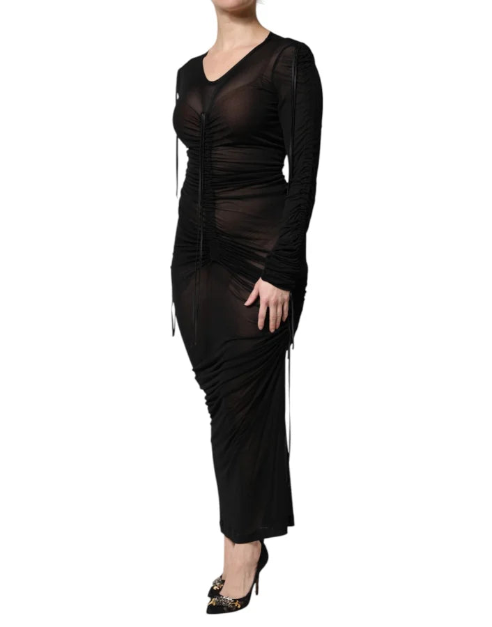 Dolce &amp; Gabbana Black Mesh Trim Bodycon Long Sheath Dress