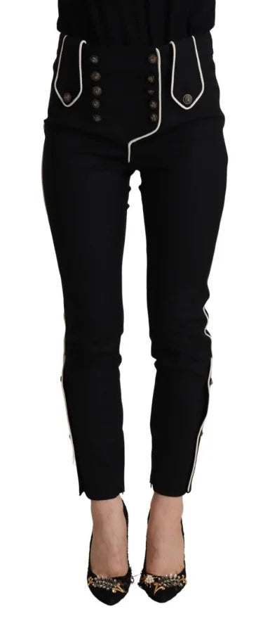 Dolce &amp; Gabbana Black Mid Waist Button Embellished Slim Fit Pants