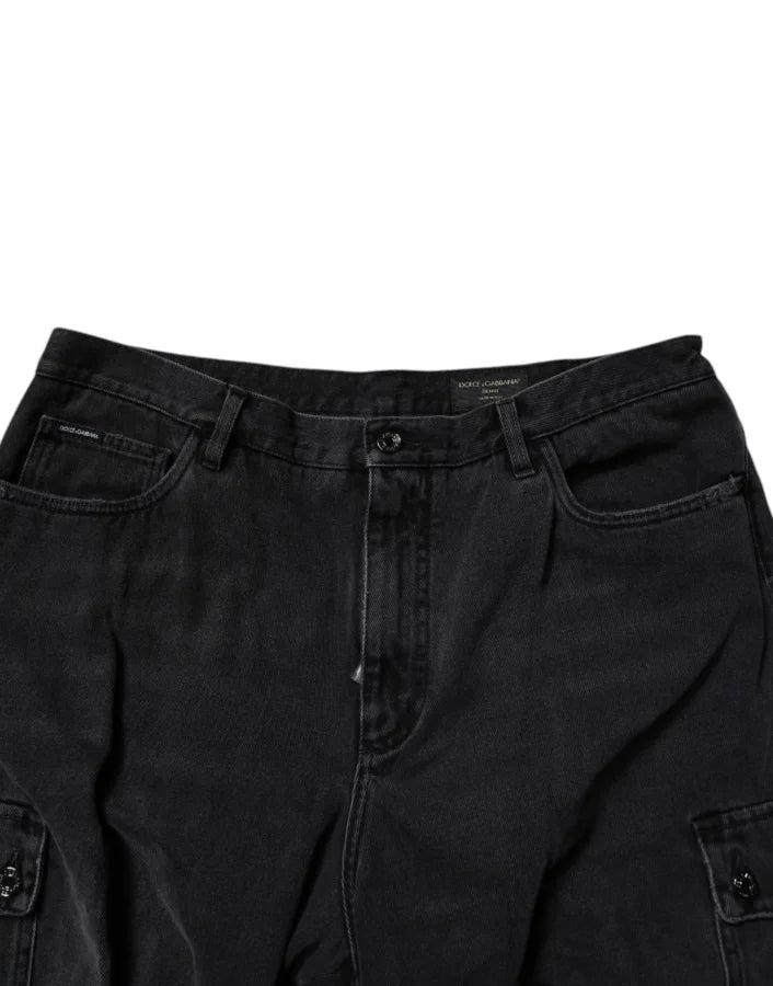 Dolce & Gabbana Black Mid Waist Denim Cargo Bermuda Shorts