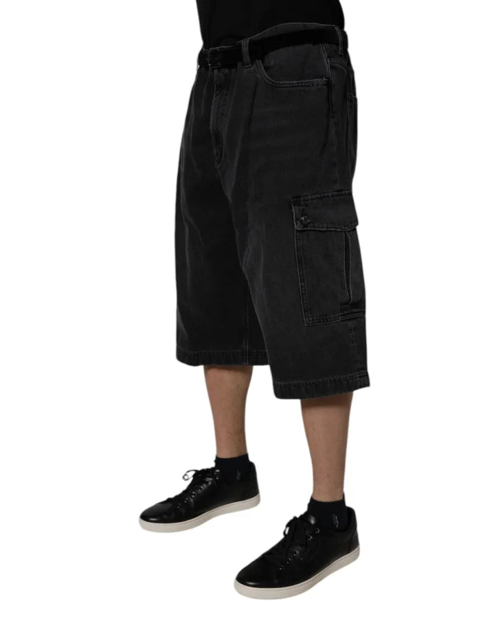 Dolce & Gabbana Black Mid Waist Denim Cargo Bermuda Shorts