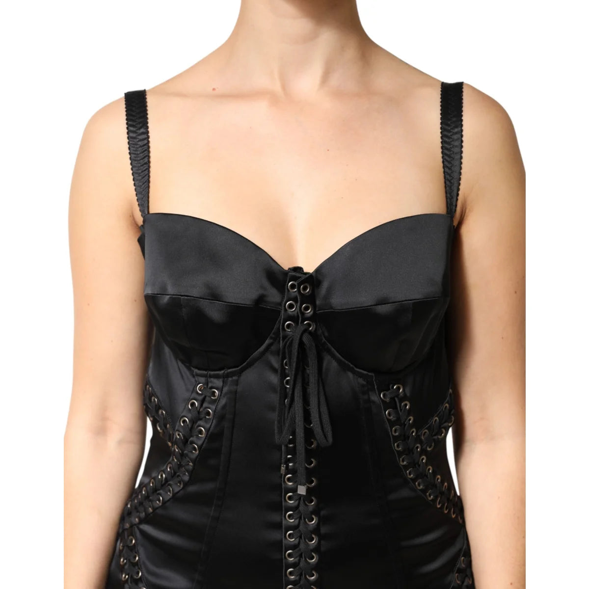 Dolce and Gabbana Black Mini Dress Satin Lace Eyelet Detailing &