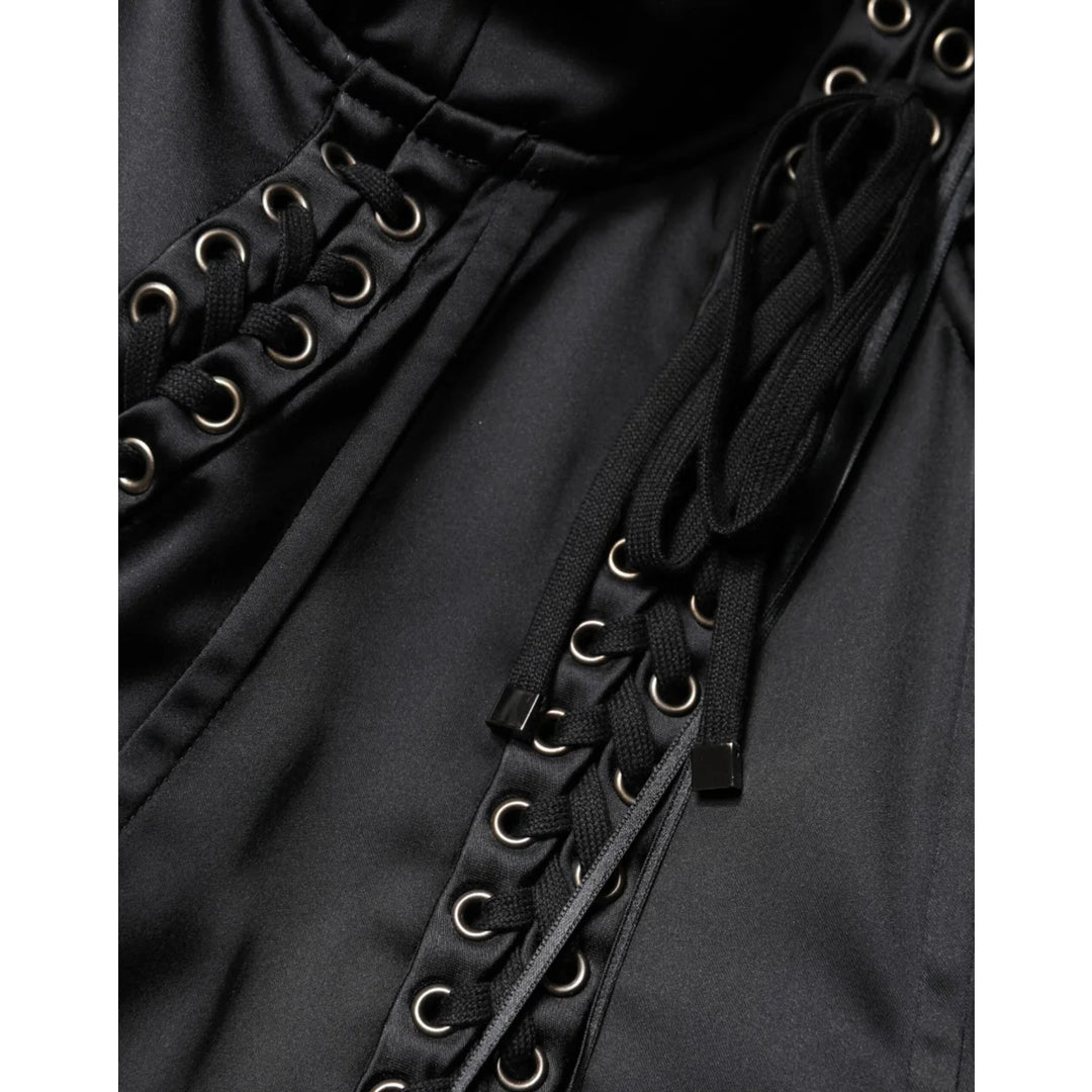 Dolce and Gabbana Black Mini Dress Satin Lace Eyelet Detailing &