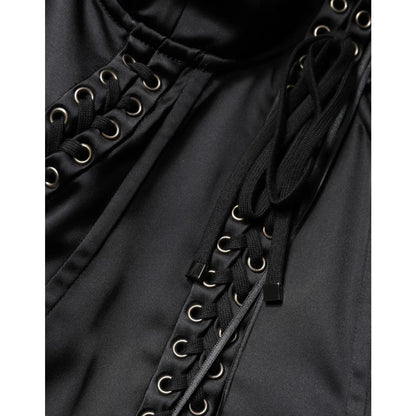 Dolce and Gabbana Black Mini Dress Satin Lace Eyelet Detailing &