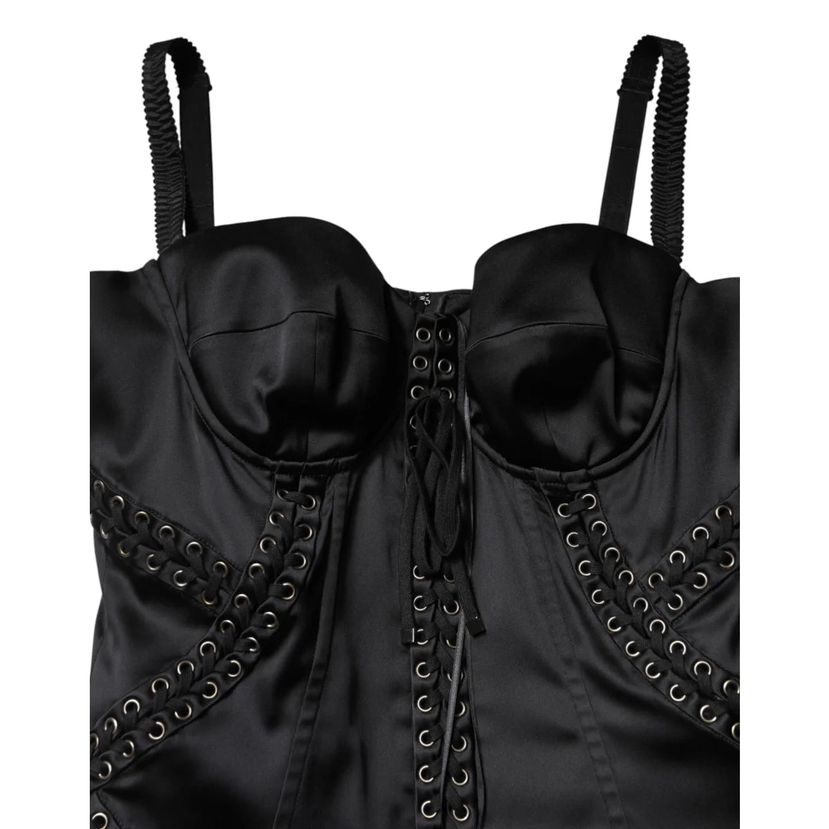 Dolce and Gabbana Black Mini Dress Satin Lace Eyelet Detailing &