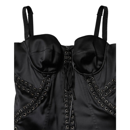 Dolce and Gabbana Black Mini Dress Satin Lace Eyelet Detailing &