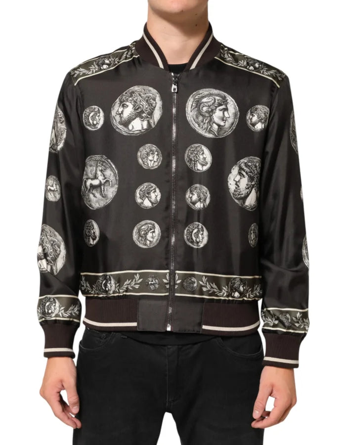 Dolce & Gabbana Black ’Monete’ Coin Print Silk Bomber Jacket