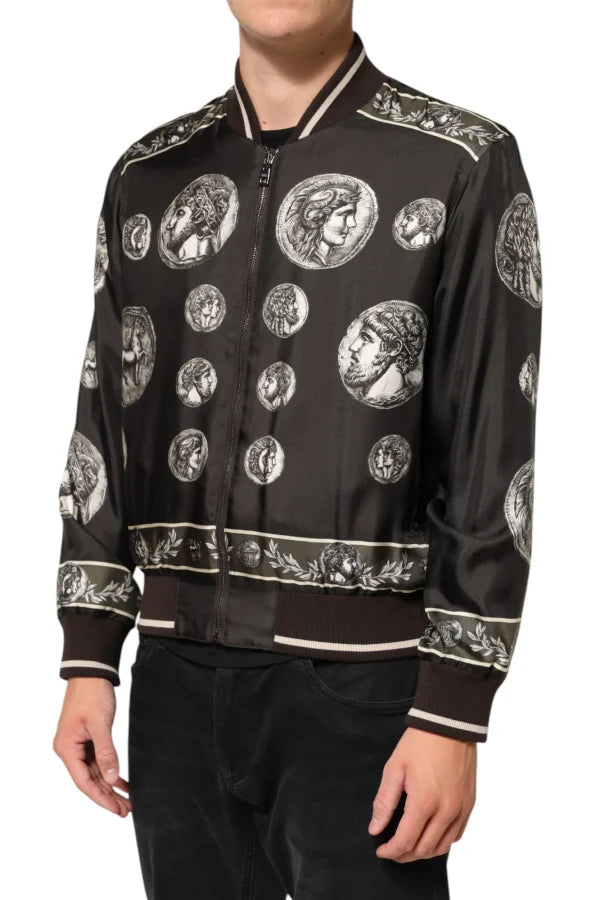 Dolce & Gabbana Black ’Monete’ Coin Print Silk Bomber Jacket