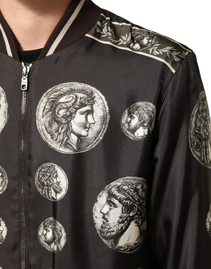 Dolce & Gabbana Black ’Monete’ Coin Print Silk Bomber Jacket