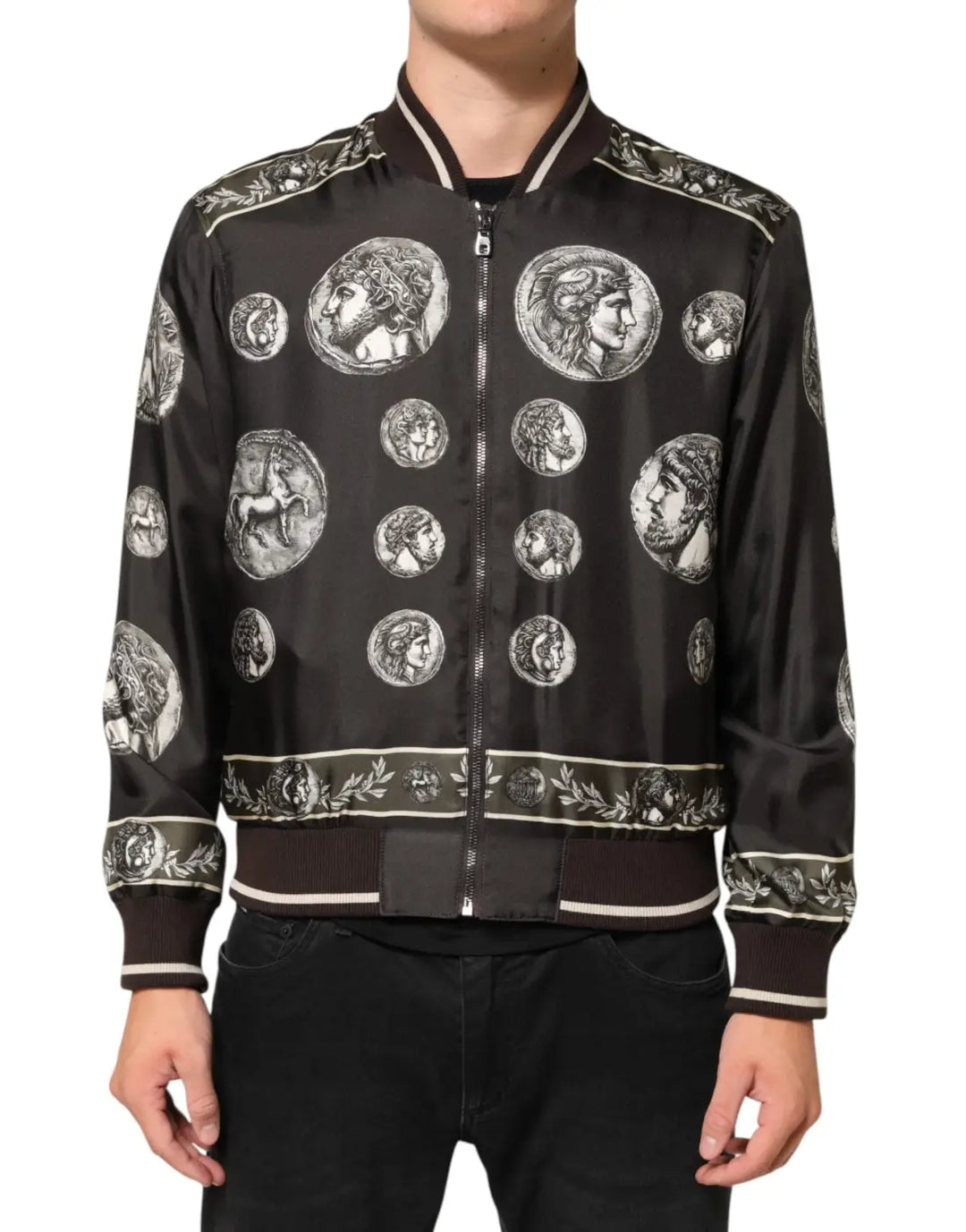 Dolce &amp; Gabbana Black ’Monete’ Coin Print Silk Bomber Jacket