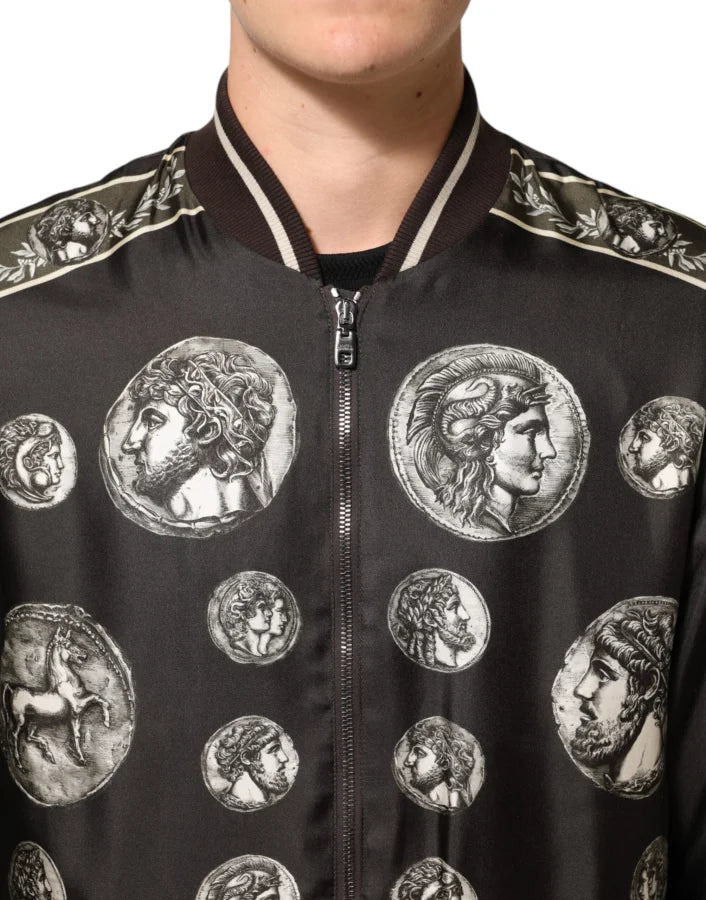 Dolce & Gabbana Black ’Monete’ Coin Print Silk Bomber Jacket