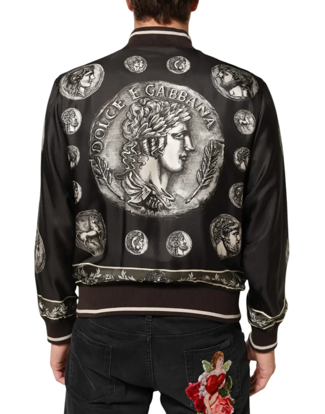 Dolce &amp; Gabbana Black ’Monete’ Coin Print Silk Bomber Jacket
