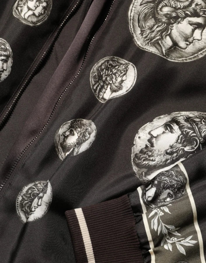 Dolce & Gabbana Black ’Monete’ Coin Print Silk Bomber Jacket