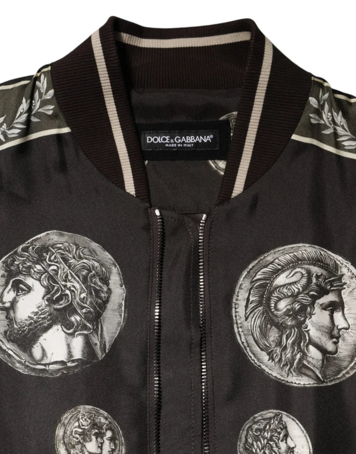 Dolce & Gabbana Black ’Monete’ Coin Print Silk Bomber Jacket