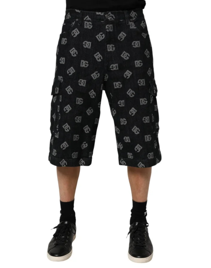 Dolce &amp; Gabbana Black Monogram Denim Cargo Men Bermuda Short