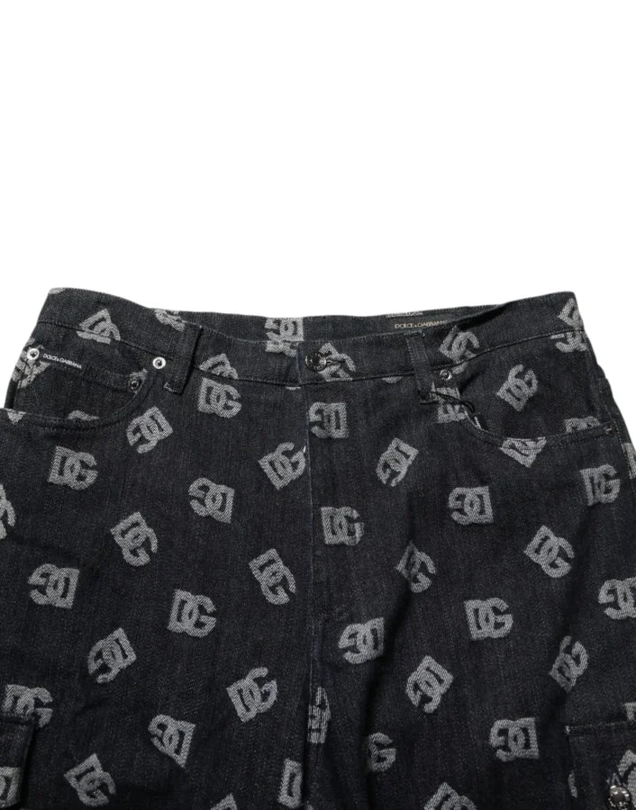Dolce &amp; Gabbana Black Monogram Denim Cargo Men Bermuda Short
