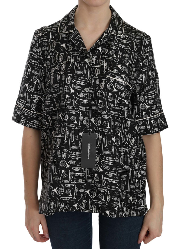 Dolce & Gabbana Shirts - Black Musical Instrument Print Silk Top