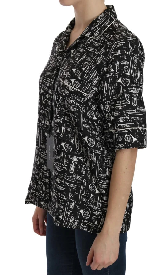 Dolce & Gabbana Black Musical Instrument Print Silk Top