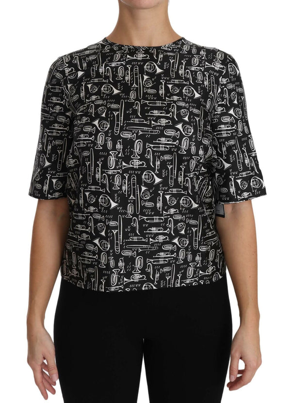 Dolce & Gabbana - Black Musical Instruments Print Silk Blouse
