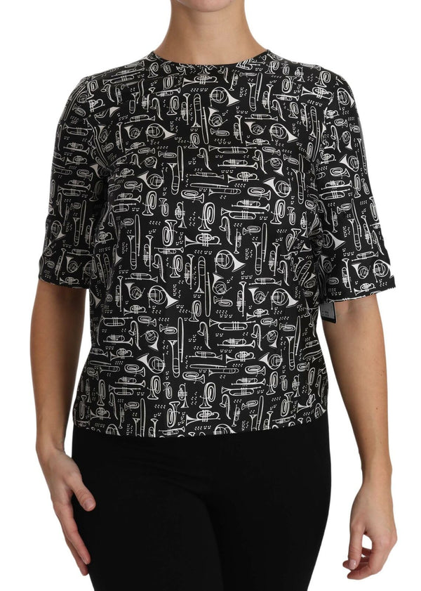Dolce & Gabbana - Black Musical Instruments Print Silk Blouse