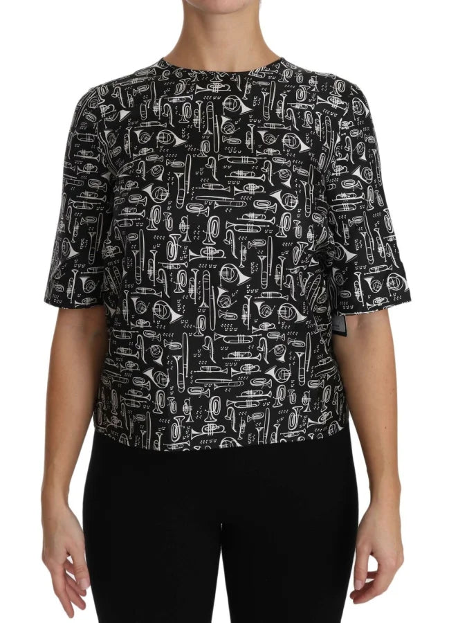 Dolce &amp; Gabbana Black Musical Instruments Print Silk Blouse
