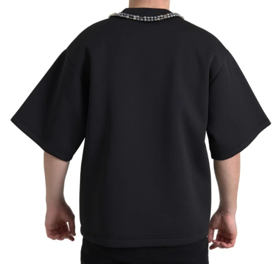 Dolce &amp; Gabbana Black Necklace Embellished Polyester T-shirt