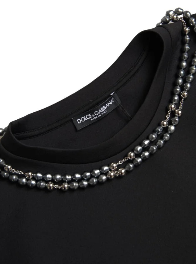 Dolce &amp; Gabbana Black Necklace Embellished Polyester T-shirt