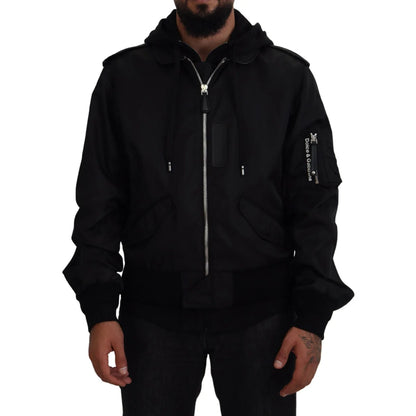 Dolce & Gabbana Black Nylon Bomber Jacket with Logo Details