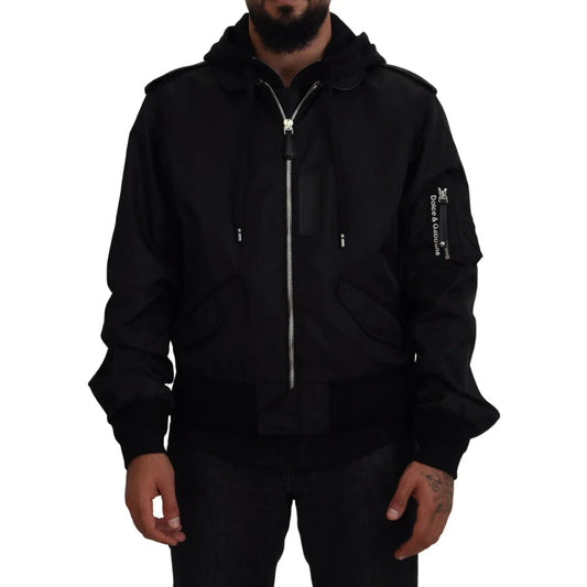 Dolce & Gabbana Black Nylon Bomber Jacket with Logo Details