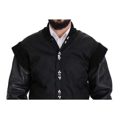 Dolce & Gabbana Black Nylon Crystals Coat Buttons Jacket